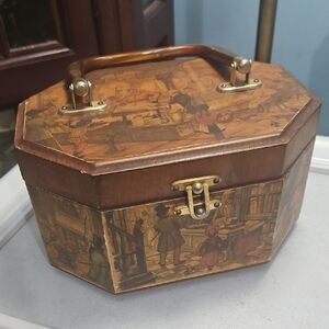 Vintage Octagonal Wooden Box with Lucite Handle Anton Pieck Artwork